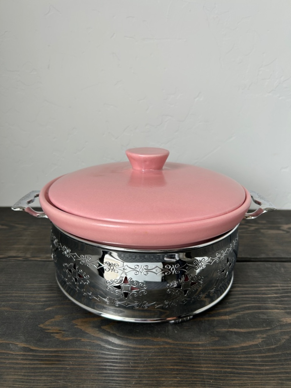 Vintage Pink Ceramic Covered Serving Dish with Silver Metal Base